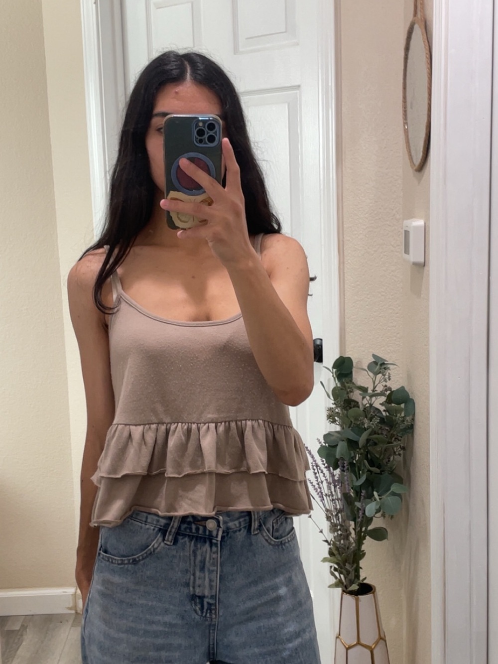 Forever 21 contemporary tan ruffled cropped tank top
